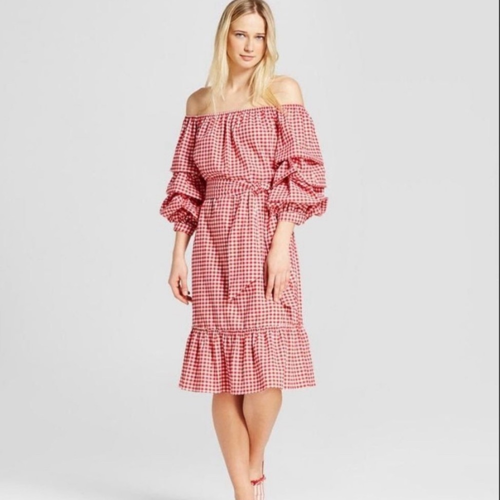 Who What Wear Red & White Gingham Off Shoulder Puff Sleeve Dress NWT